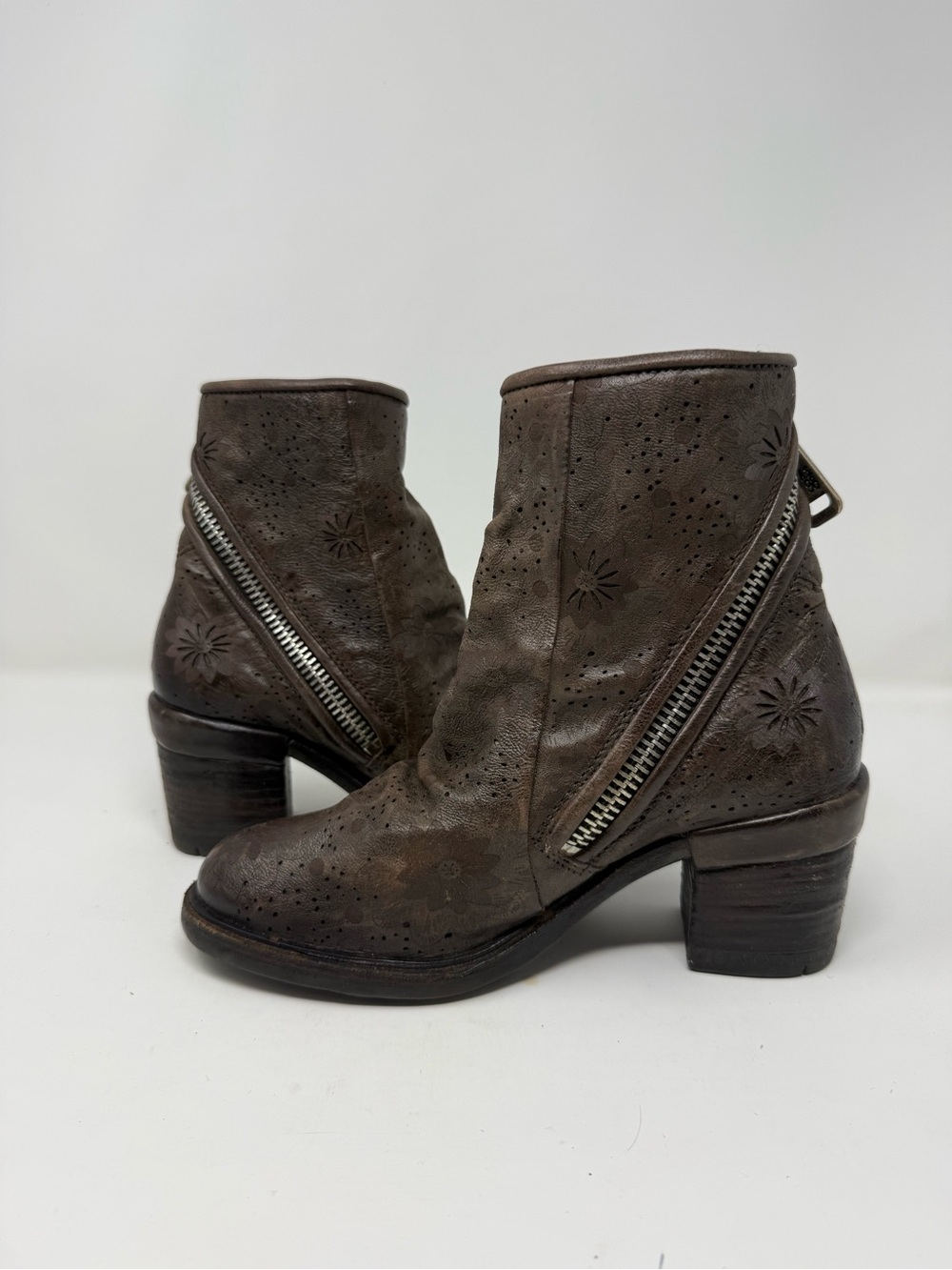 A.S.98 Distressed Brown Leather Floral Perforated Ankle Boots with Side Zippers